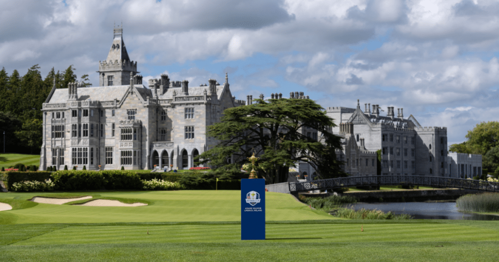 The Ryder Cup trophy on display at Adare Manor, Co. Limerick — host venue of the 2027 Ryder Cup